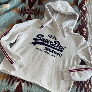 Superdry WOMENS SIZE 10 cropped heather grey Hoodie with Navy Accents